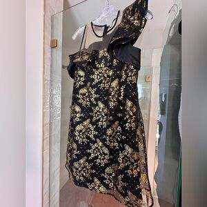 Nha Khanh Gold Foil Ruffle Shoulder Viera Cocktail Dress